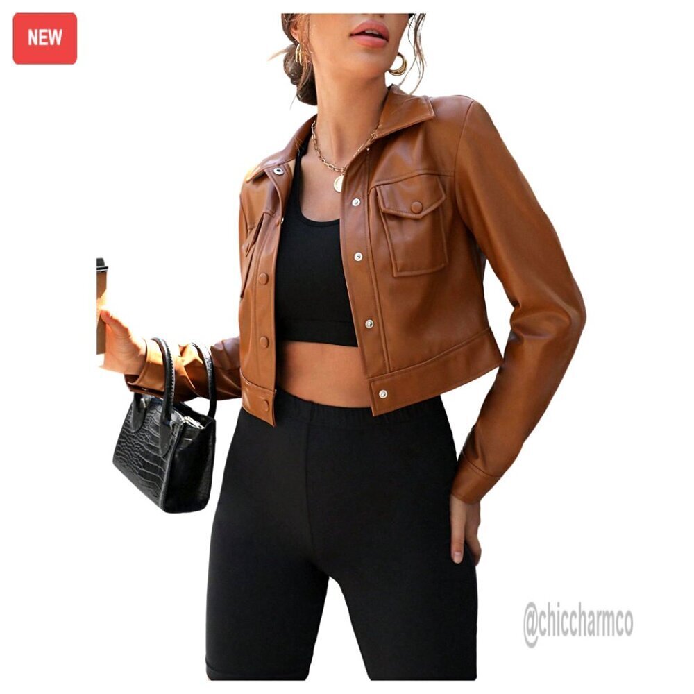 PU Leather Crop Jacket, Button Down, Long Sleeve, Collared, Outerwear Coat